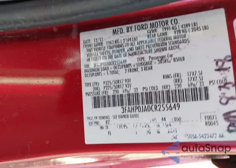 2012 Ford Fusion Sel z USA, uszkodzony, nr VIN 3FAHP0JA0CR255649